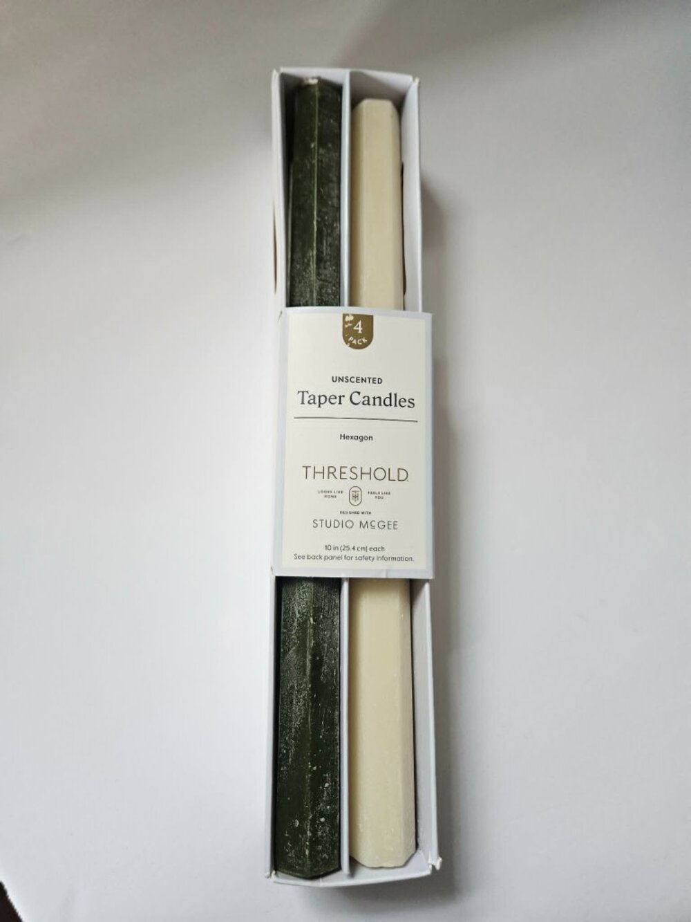4pk Unscented 10" THRESHOLD Studio McGee Hexagon Taper Candles Green Ivory $5